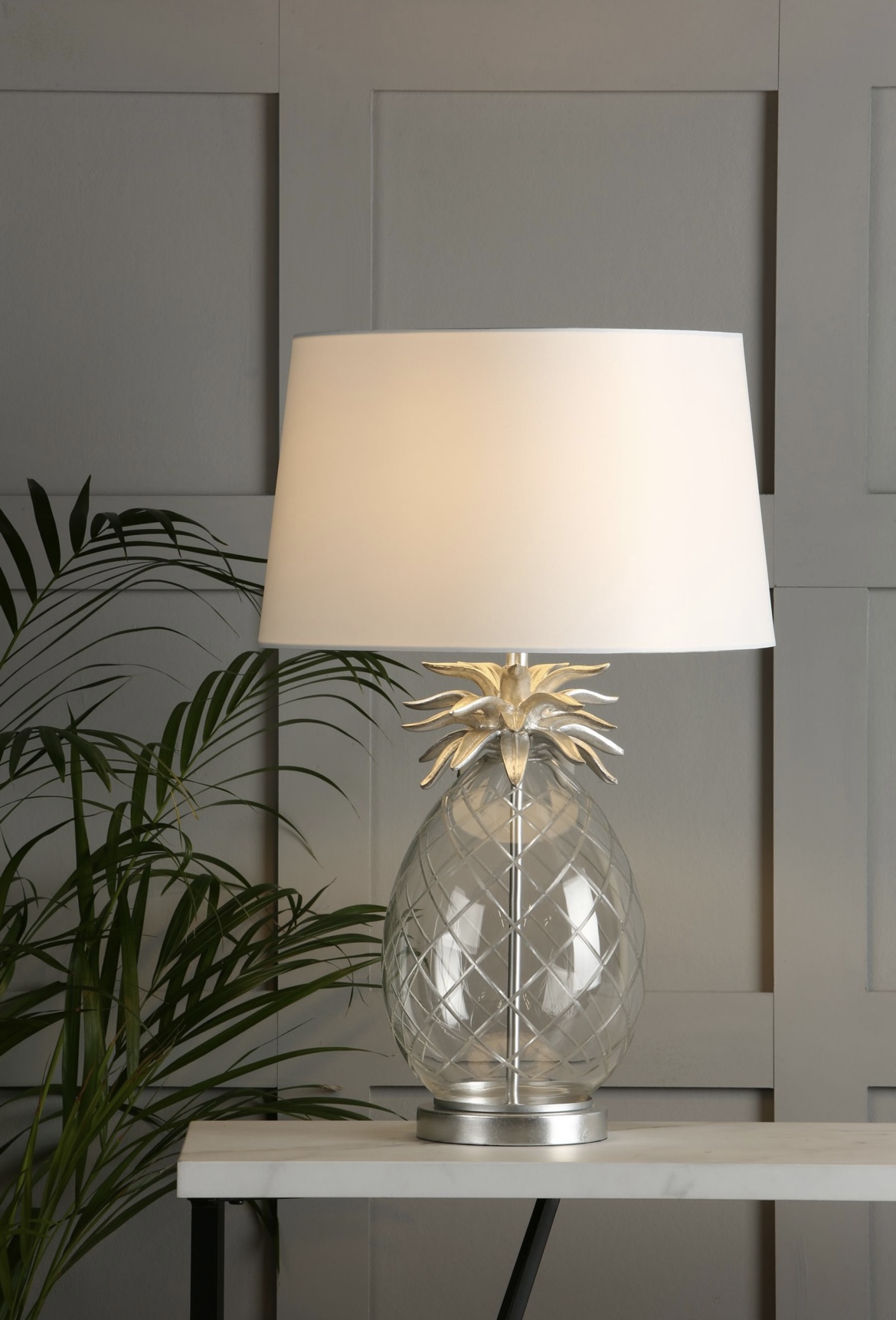 Modern Chrome & Clear Glass Pineapple Touch Table Lamp with a White Shade 